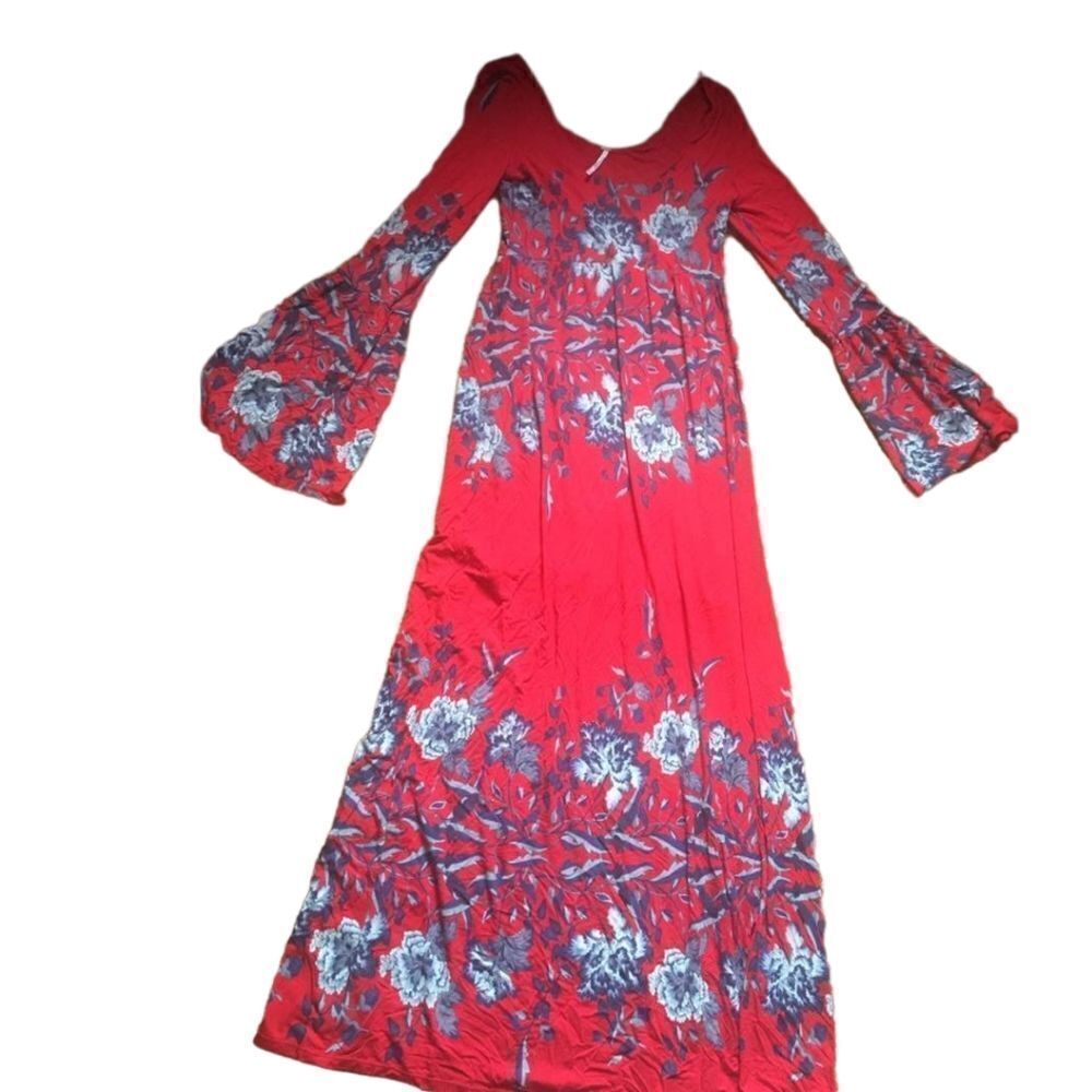 FREE PEOPLE RED FLORAL BELL SLEEVE MAXI DRESS XS